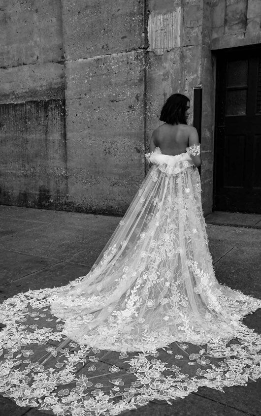 MODERN FLORAL FIT-AND-FLARE WEDDING DRESS WITH DETACHABLE CAPE by Martina Liana Luxe - Image 2