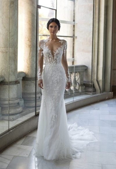 Sheath Wedding Dress With Long Sleeves, Tattoo-effect Back And Beading by Pronovias