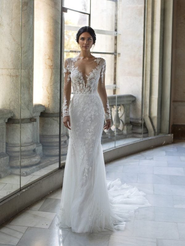 Sheath Wedding Dress With Long Sleeves, Tattoo-effect Back And Beading by Pronovias - Image 1