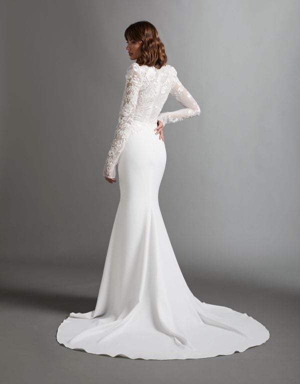 Long Sleeve V-neckline Crepe Sheath Wedding Dress With Lace Bodice by Tara Keely - Image 2