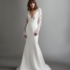 Long Sleeve V-neckline Crepe Sheath Wedding Dress With Lace Bodice by Tara Keely - Image 1