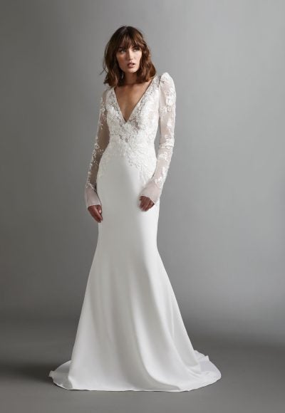 Long Sleeve V-neckline Crepe Sheath Wedding Dress With Lace Bodice by Tara Keely