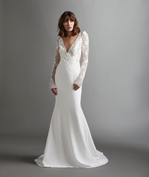 Long Sleeve V-neckline Crepe Sheath Wedding Dress With Lace Bodice by Tara Keely - Image 1