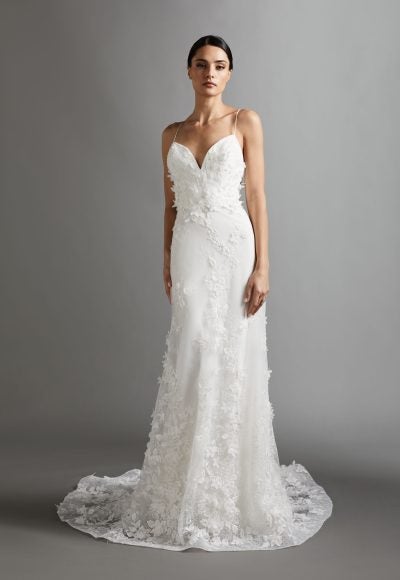 Spaghetti Strap V-neckline A-line Wedding Dress With Floral, Lace, And Beading Details by Tara Keely
