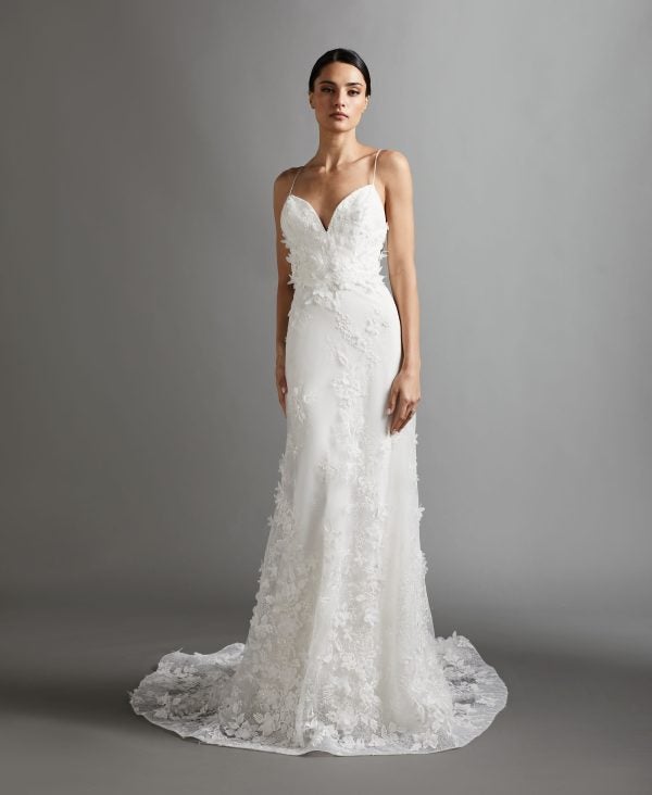 Spaghetti Strap V-neckline A-line Wedding Dress With Floral, Lace, And Beading Details by Tara Keely - Image 1
