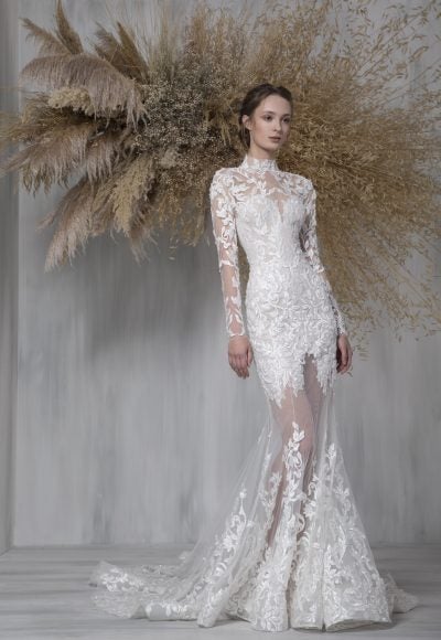 Long Sleeve High Neckline Embroidered Mermaid Wedding Dress With Sheer Lace by Tony Ward