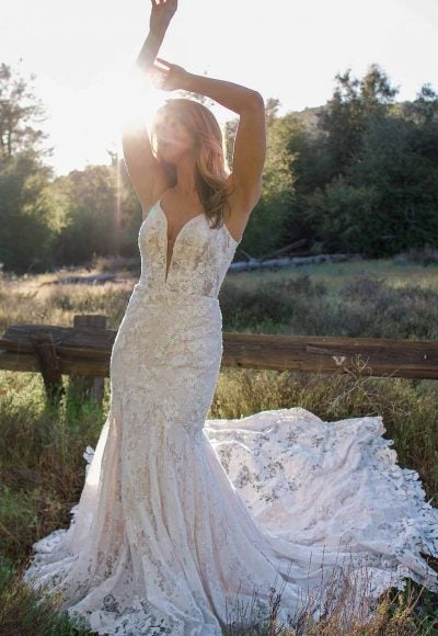 FLORAL FIT AND FLARE WEDDING DRESS WITH PLUNGING V-NECKLINE by Essense of Australia
