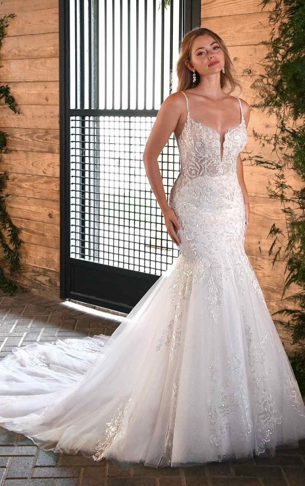 SPARKLING FLORAL LACE WEDDING DRESS WITH PLUNGING NECKLINE AND BACK DETAIL by Essense of Australia - Image 1