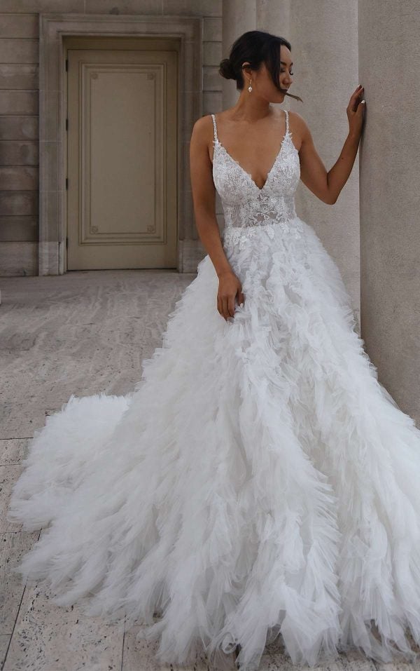 Spaghetti Strap A-line Ball Gown Wedding Dress With V-neckline Beaded Lace Bodice And Feathered Tulle Skirt by Martina Liana - Image 2