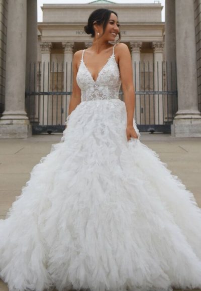 Spaghetti Strap A-line Ball Gown Wedding Dress With V-neckline Beaded Lace Bodice And Feathered Tulle Skirt by Martina Liana