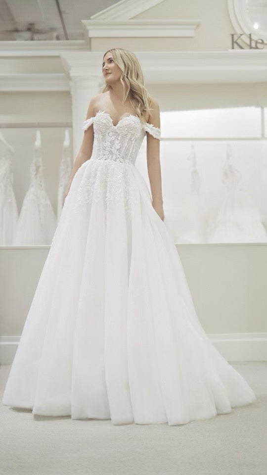 Off The Shoulder A-line Wedding Dress With Beaded Lace Bodice And Tulle Skirt by Michelle Roth - Image 2
