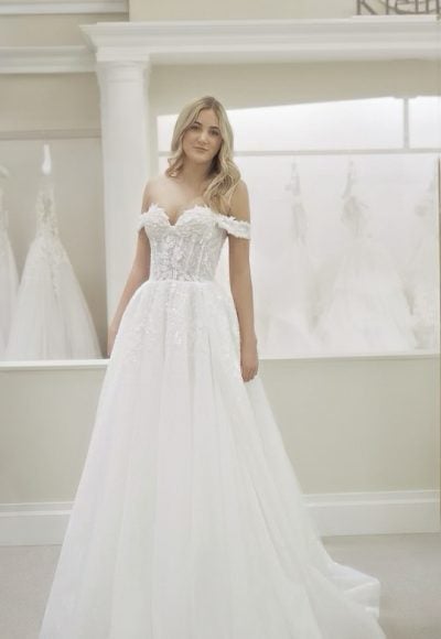 Off The Shoulder A-line Wedding Dress With Beaded Lace Bodice And Tulle Skirt by Michelle Roth