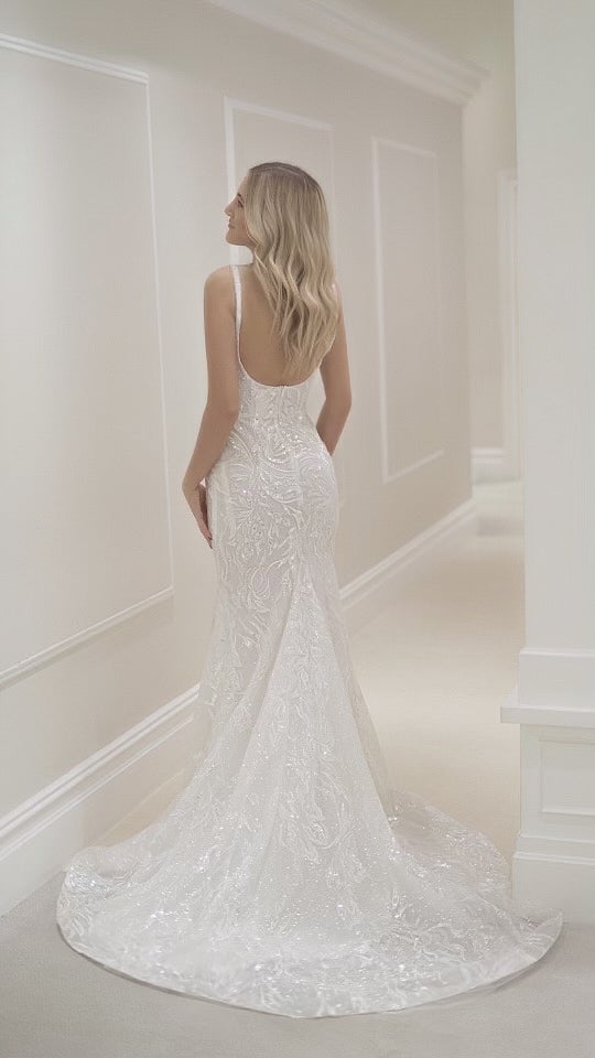 Sleeveless Square Neckline Fit And Flare Embroidered Lace Wedding Dress by Michelle Roth - Image 2