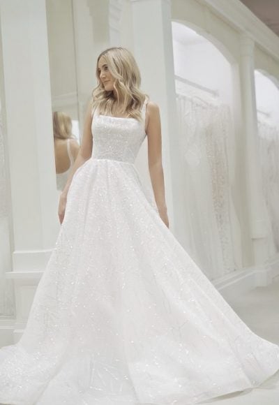 Sleeveless Square Neckline Sparkle Ball Gown Wedding Dress by Michelle Roth
