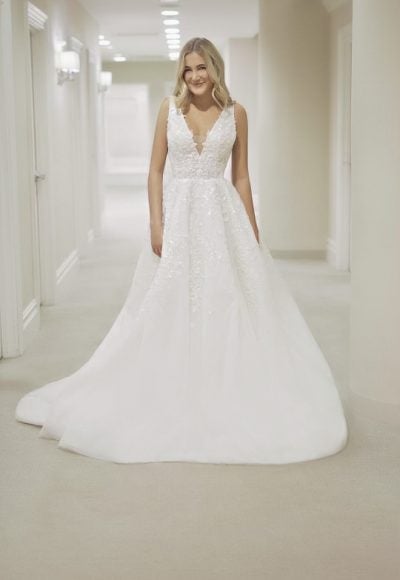 Sleeveless V-neckline Beaded A-line Wedding Dress by Michelle Roth