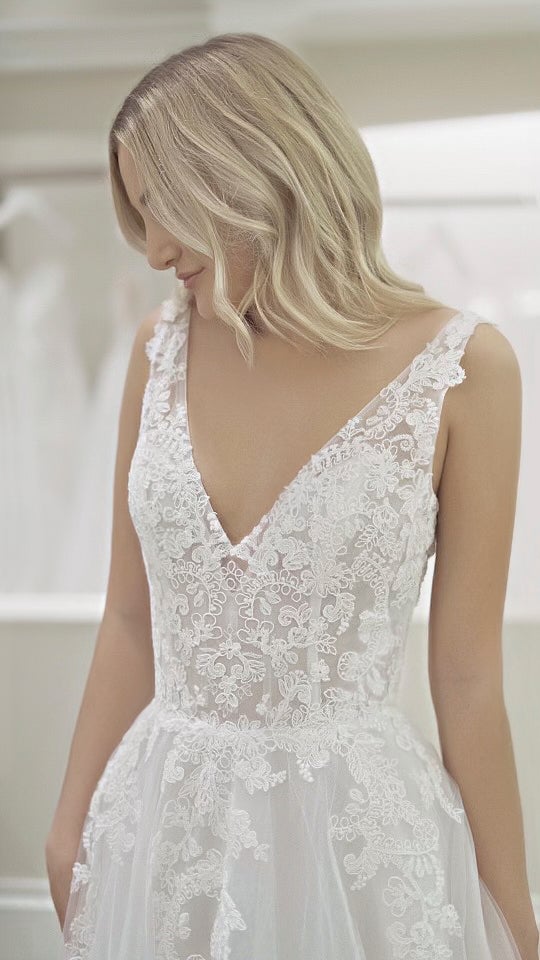 Sleeveless V-neckline Embroidered Lace A-line Wedding Dress by Michelle Roth - Image 2