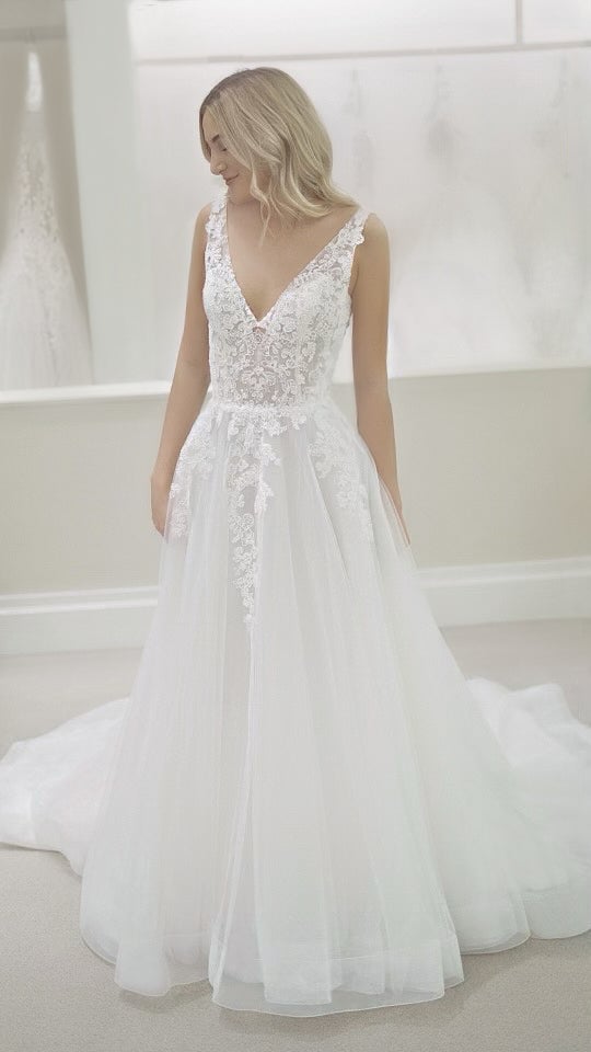 Sleeveless V-neckline Embroidered Lace A-line Wedding Dress by Michelle Roth - Image 1