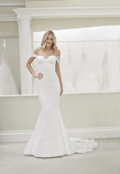 Strapless Sweetheart Neckline Beaded Lace Fit And Flare Wedding Dress With Draped Strap Detail by Michelle Roth