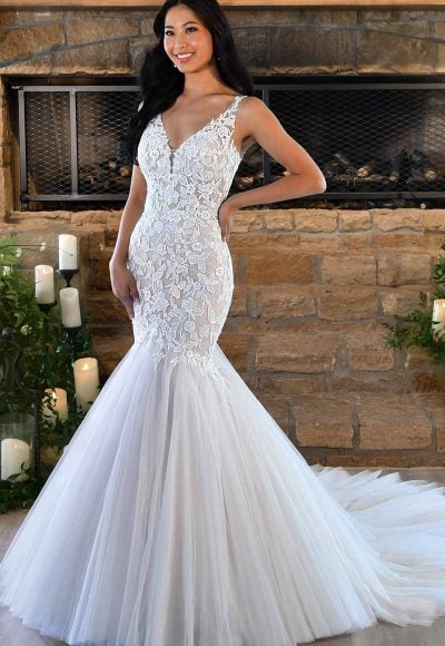 SLEEVELESS LACE FIT-AND-FLARE WEDDING DRESS WITH LONG TRAIN by Stella York
