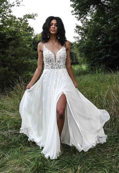 MODERN A-LINE BOHO WEDDING DRESS WITH MINIMALIST STRAPS AND PLUNGING V-NECK by All Who Wander