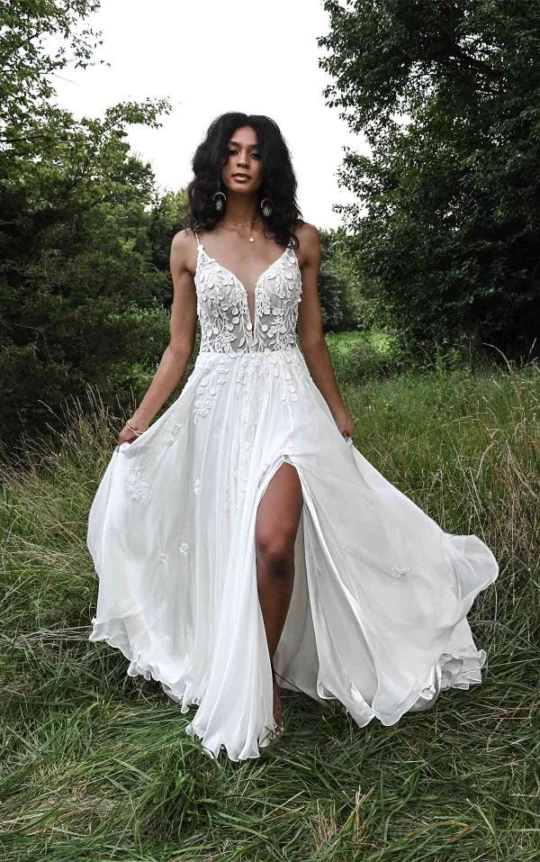 MODERN A-LINE BOHO WEDDING DRESS WITH MINIMALIST STRAPS AND PLUNGING V-NECK by All Who Wander - Image 1