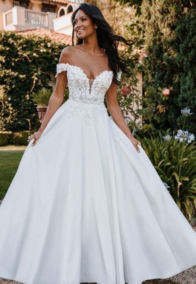 Off The Shoulder Sweetheart Neckline Satin Ball Gown Wedding Dress With Textured Bodice by Allure Bridals