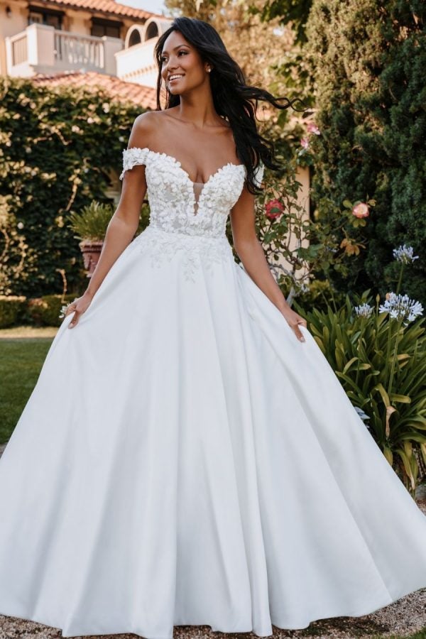 Off The Shoulder Sweetheart Neckline Satin Ball Gown Wedding Dress With Textured Bodice by Allure Bridals - Image 1