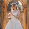 Scoop Neckline Ball Gown Brocade Wedding Dress by Disney Fairy Tale Weddings Collection - Image 1