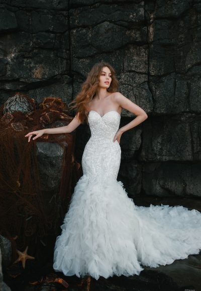 Strapless Sweetheart Neckline Mermaid Wedding Dress With Beaded Bodice And Ruffled Skirt by Disney Fairy Tale Weddings Collection