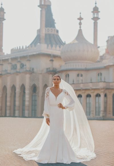 V-neckline Crepe Fit And Flare Long Sleeve Wedding Dress With Beaded Emboirdered Details by Disney Fairy Tale Weddings Platinum Collection