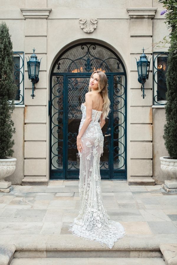 CRYSTAL FRINGE GOWN WITH 3 D FLORAL BEADED LACE by Estee Couture - Image 2