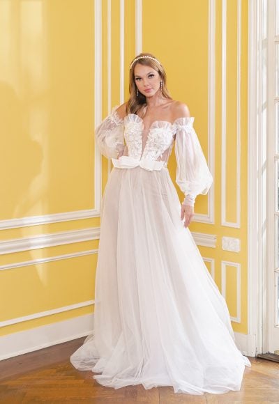 FLORAL BEADED BODICE WITH DETACHABLE SLEEVES AND SOFT TULLE A-LINE SKIRT by Estee Couture