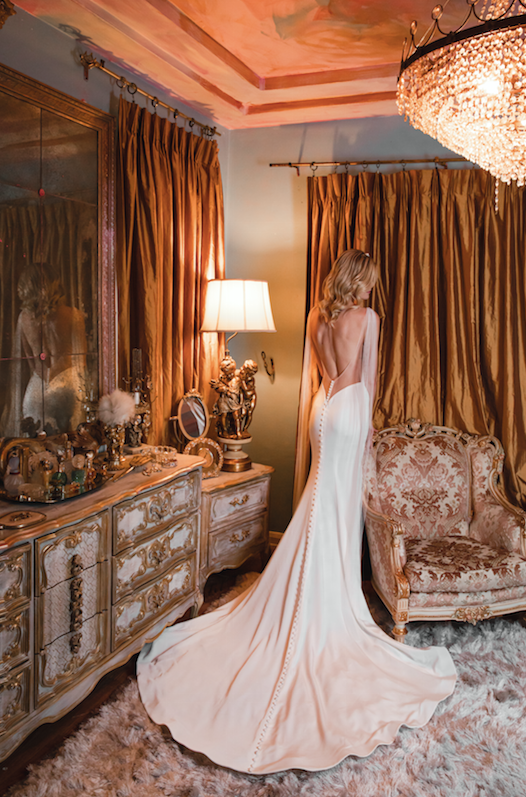 Sleeveless V-neckline Crepe Sheath Wedding Dress by Estee Couture - Image 2