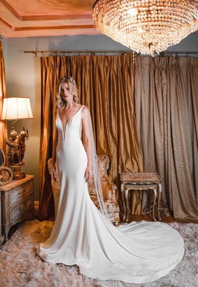 Sleeveless V-neckline Crepe Sheath Wedding Dress by Estee Couture