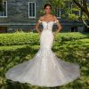 Off The Shoulder Sheer Bodice Fit And Flare Tulle Skirt Wedding Dress With Hand Beaded Applique by Eve of Milady - Image 1