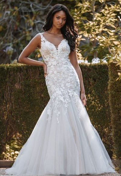 Fit And Flare Wedding Dress With V-neckline And Floral Lace Appliqué by Allure Bridals
