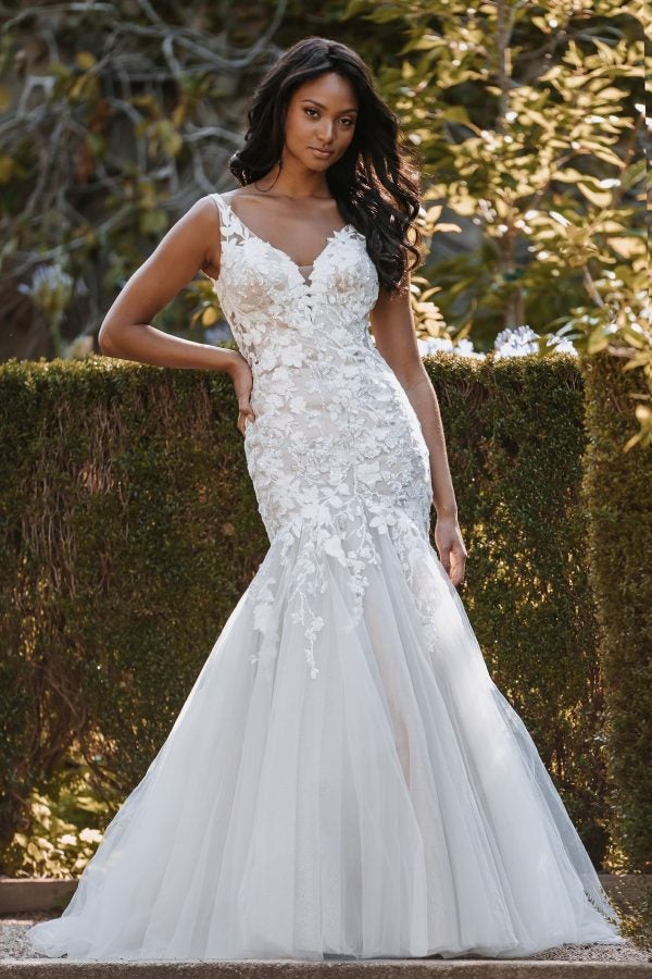 Fit And Flare Wedding Dress With V-neckline And Floral Lace Appliqué by Allure Bridals - Image 1