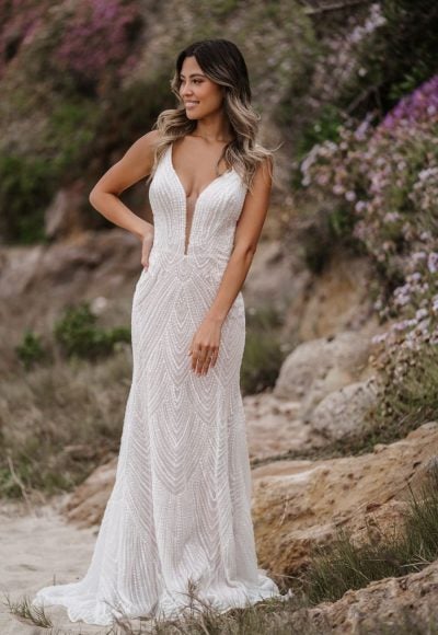 Fully Beaded Backless Sheath Wedding Dress With V-neckline by Allure Bridals