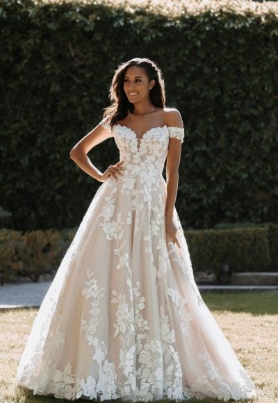 Off The Shoulder Ballgown Wedding Dress With Florals On Bodice And Train by Allure Bridals