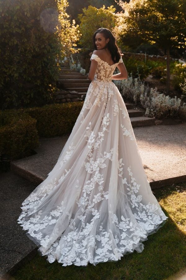 Off The Shoulder Ballgown Wedding Dress With Florals On Bodice And Train by Allure Bridals - Image 2