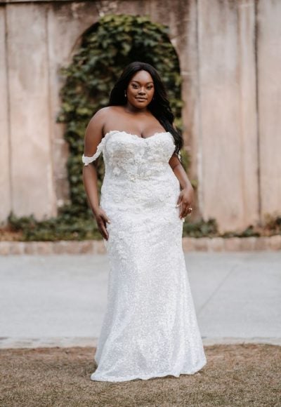 Off The Shoulder Fit And Flare Wedding Dress With Beaded Lace Appliqués by Allure Bridals