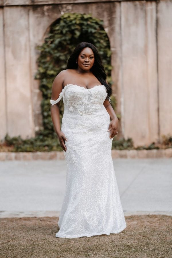 Off The Shoulder Fit And Flare Wedding Dress With Beaded Lace Appliqués by Allure Bridals - Image 1