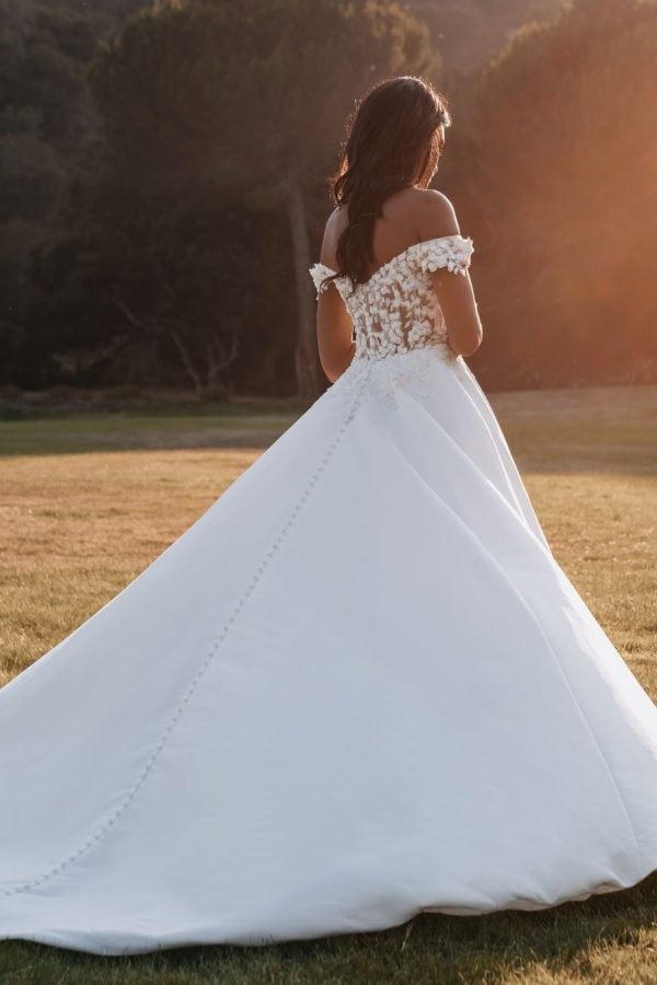 Off The Shoulder Wedding Dress With Dimensional Appliqués And Satin Ballgown Skirt by Allure Bridals - Image 2
