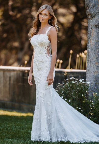 Sheath Lace Wedding Dress With Square Neckline And Illusion Back With Covered Buttons To The Train by Allure Bridals