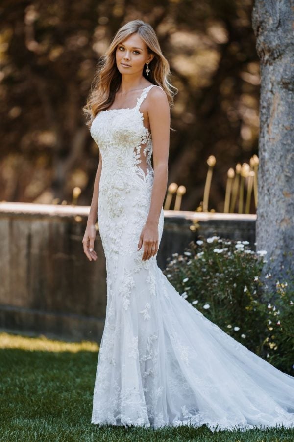 Sheath Lace Wedding Dress With Square Neckline And Illusion Back With Covered Buttons To The Train by Allure Bridals - Image 1