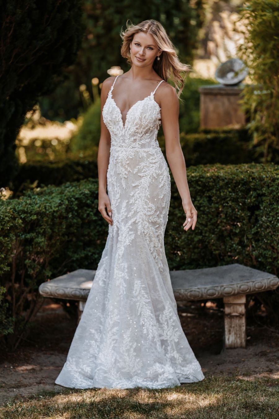 Sheath Wedding Dress With V-neckline And Stitched Lace | Kleinfeld 