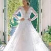 Long Sleeve Lace A-line Wedding Dress With Scalloped Lace V-neckline by Anne Barge - Image 1