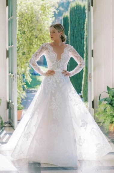Long Sleeve Lace A-line Wedding Dress With Scalloped Lace V-neckline by Anne Barge - Image 1