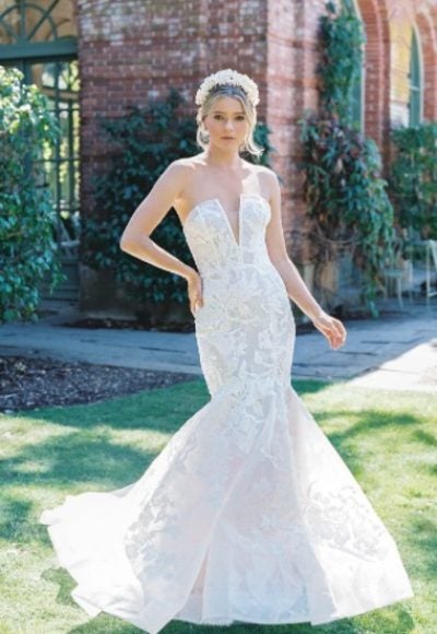 Strapless Floral Fit And Flare Wedding Dress With Sequin Appliqués And V-neckline by Anne Barge