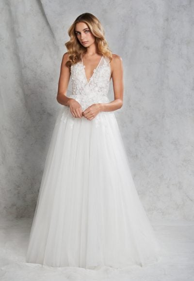 Sleeveless Wedding Dress With V-neckline And Floral Appliqué Sparkle Tulle On An Open Back Ball Gown by BLUSH by Hayley Paige